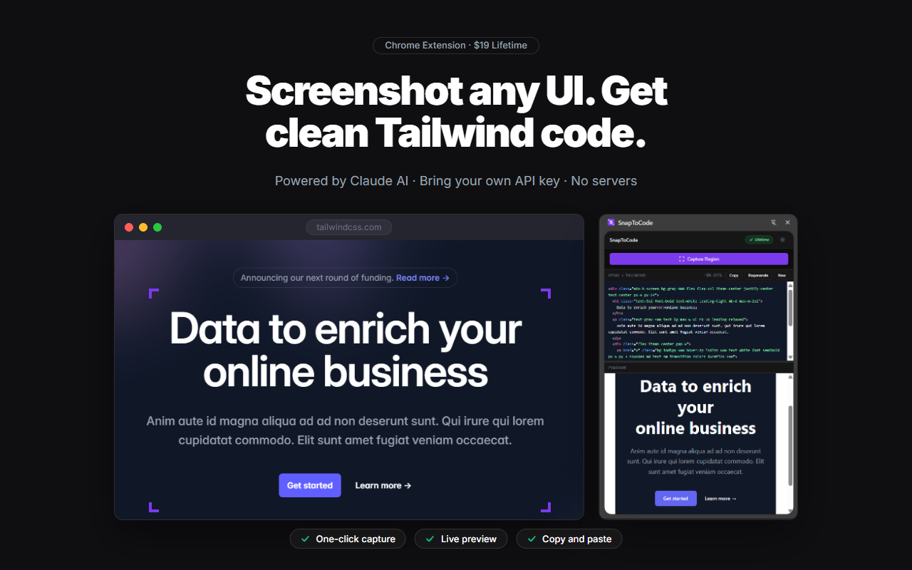 SnapToCode in action — capturing a webpage and generating Tailwind code