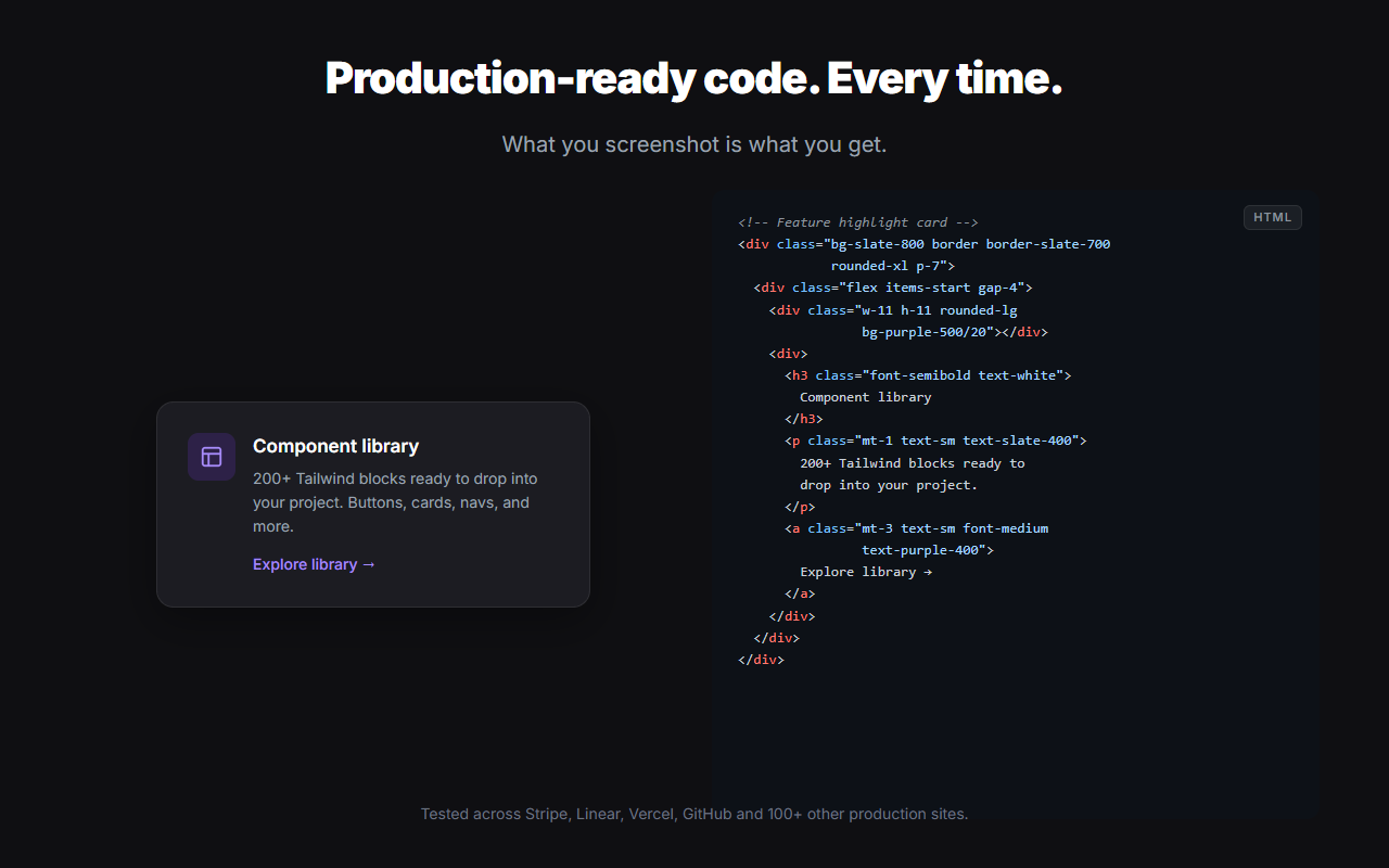 A real SnapToCode conversion showing source UI alongside the generated Tailwind code